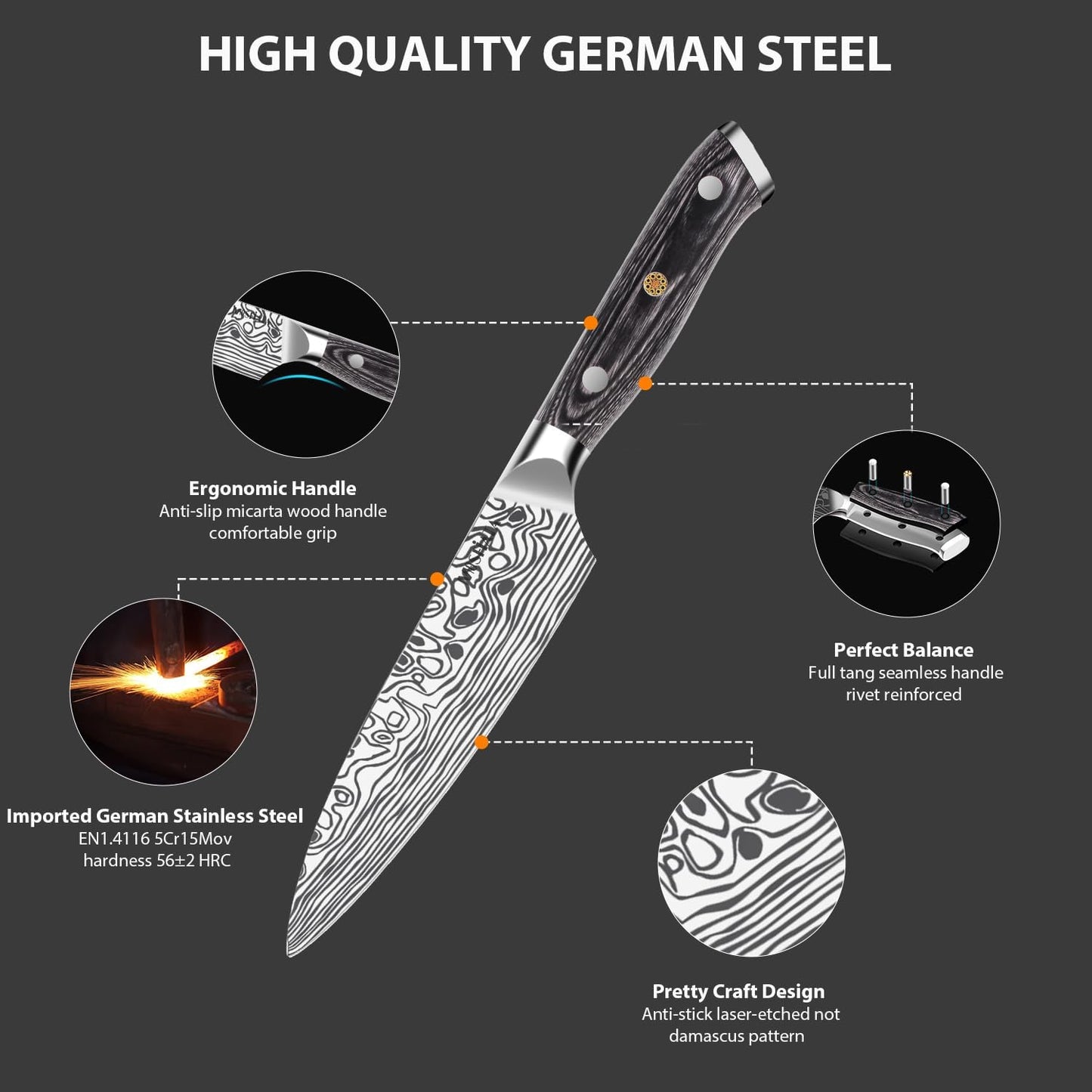 4 Inch Paring Knife, Kitchen Knife Fruit Knives with Sheath, German High Carbon Stainless Steel EN1.4116 Precision Cooking Vegetable Knife for Carving, Peeling, Trimming