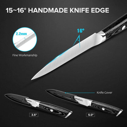4 Inch Paring Knife, Kitchen Knife Fruit Knives with Sheath, German High Carbon Stainless Steel EN1.4116 Precision Cooking Vegetable Knife for Carving, Peeling, Trimming