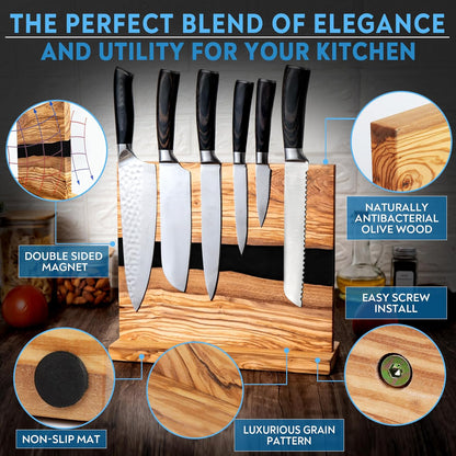 Magnetic Knife Block Stand - Italian Olive Wood Kitchen Knife Holder Rack with Black Resin Flow Design - Double Sided Strong Magnet Knife Block - Universal Knife Organizer Holds 18 Knives