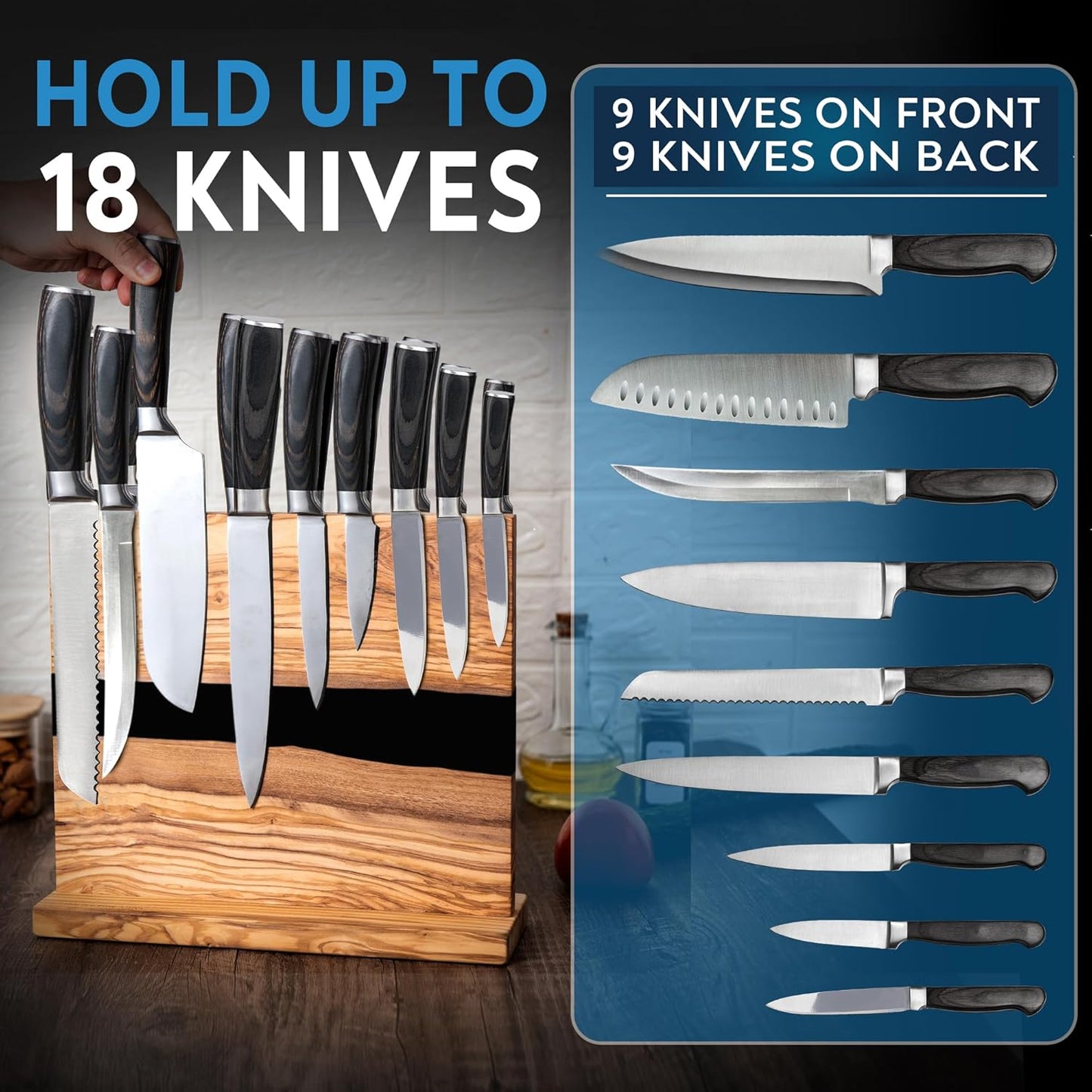 Magnetic Knife Block Stand - Italian Olive Wood Kitchen Knife Holder Rack with Black Resin Flow Design - Double Sided Strong Magnet Knife Block - Universal Knife Organizer Holds 18 Knives