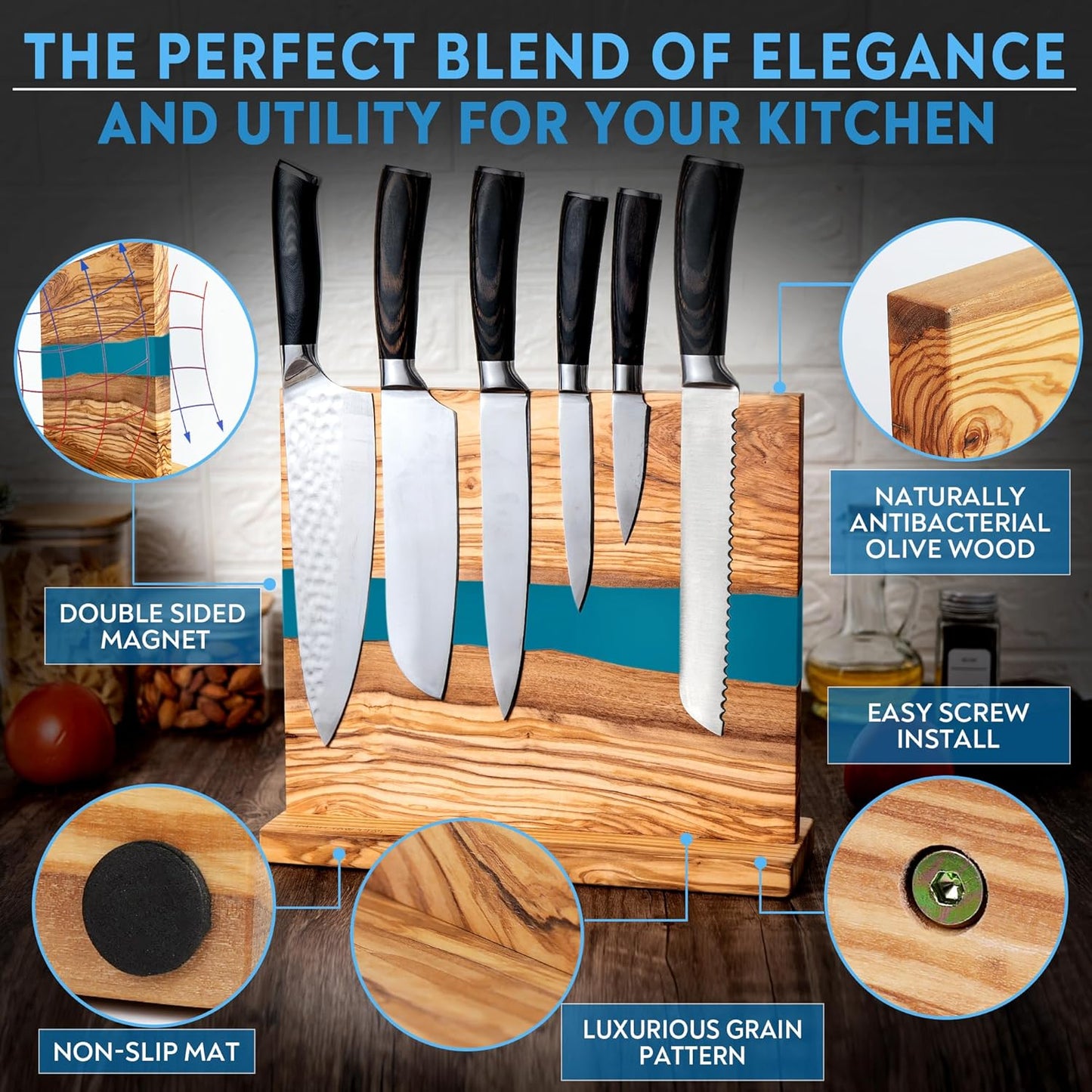 Magnetic Knife Block Stand - Italian Olive Wood Kitchen Knife Holder Rack with Black Resin Flow Design - Double Sided Strong Magnet Knife Block - Universal Knife Organizer Holds 18 Knives