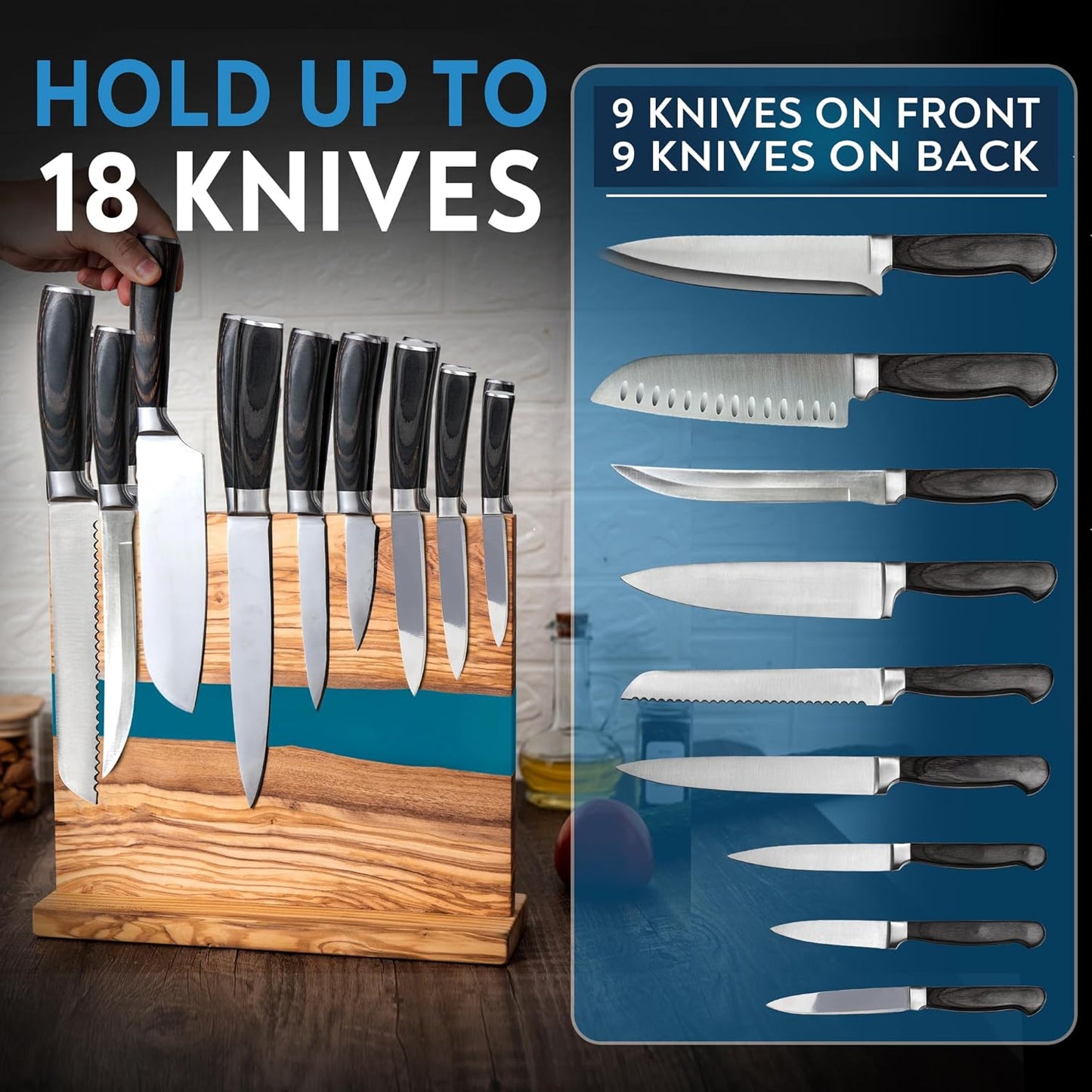 Magnetic Knife Block Stand - Italian Olive Wood Kitchen Knife Holder Rack with Black Resin Flow Design - Double Sided Strong Magnet Knife Block - Universal Knife Organizer Holds 18 Knives