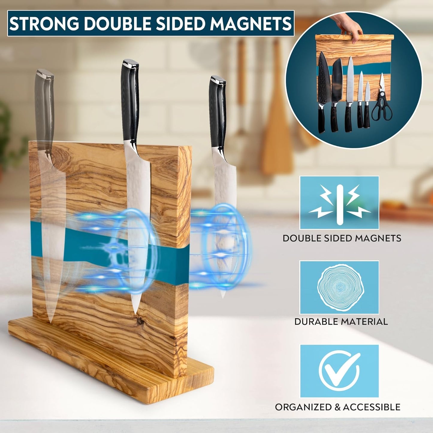 Magnetic Knife Block Stand - Italian Olive Wood Kitchen Knife Holder Rack with Black Resin Flow Design - Double Sided Strong Magnet Knife Block - Universal Knife Organizer Holds 18 Knives