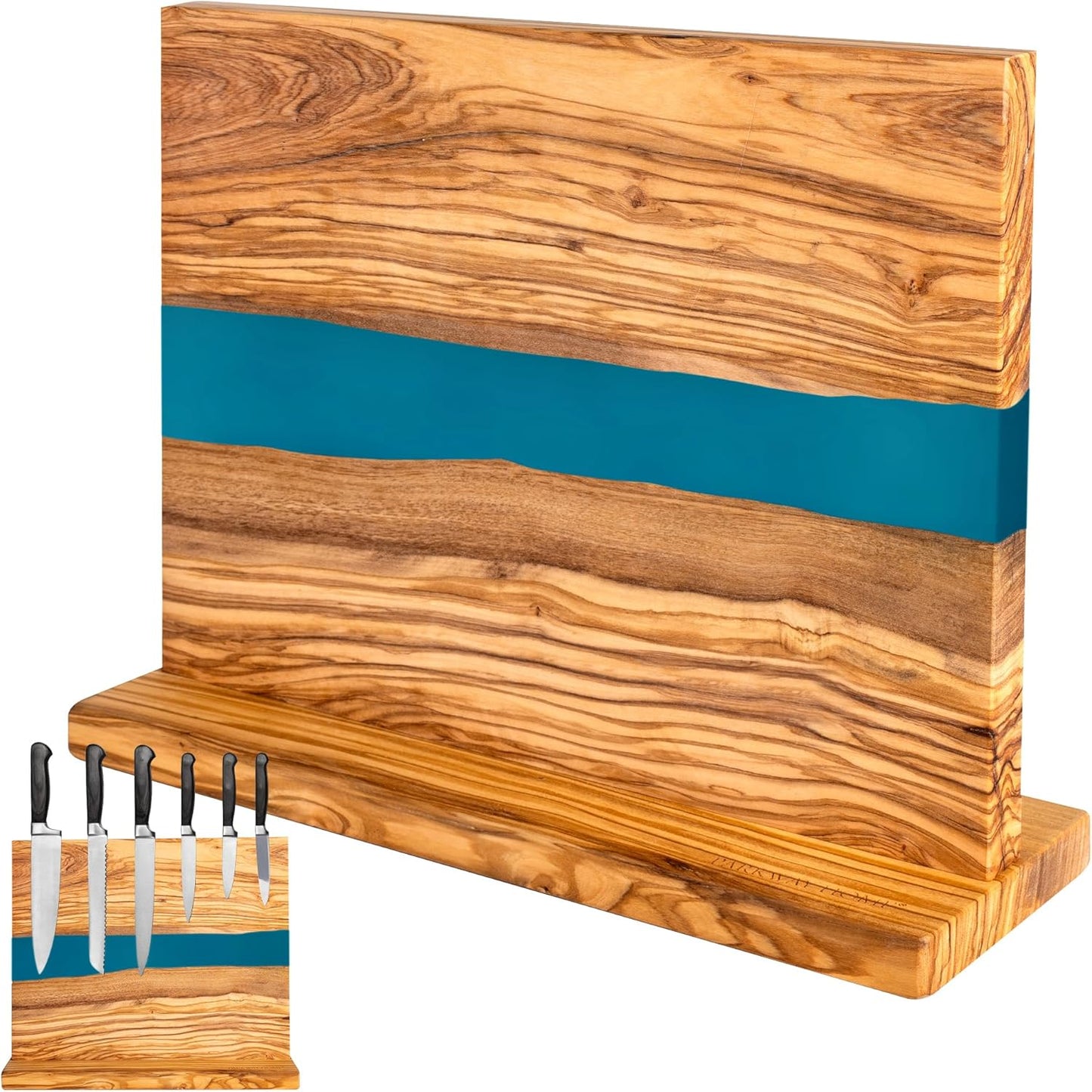 Magnetic Knife Block Stand - Italian Olive Wood Kitchen Knife Holder Rack with Black Resin Flow Design - Double Sided Strong Magnet Knife Block - Universal Knife Organizer Holds 18 Knives