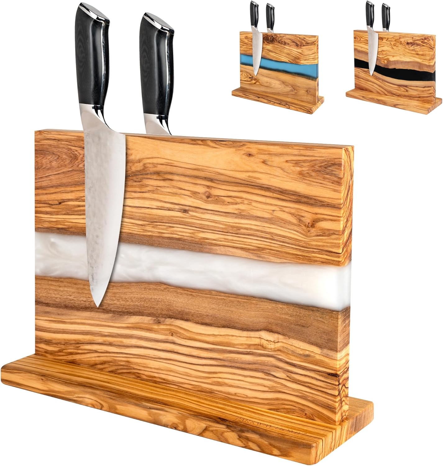 Magnetic Knife Block Stand - Italian Olive Wood Kitchen Knife Holder Rack with Black Resin Flow Design - Double Sided Strong Magnet Knife Block - Universal Knife Organizer Holds 18 Knives