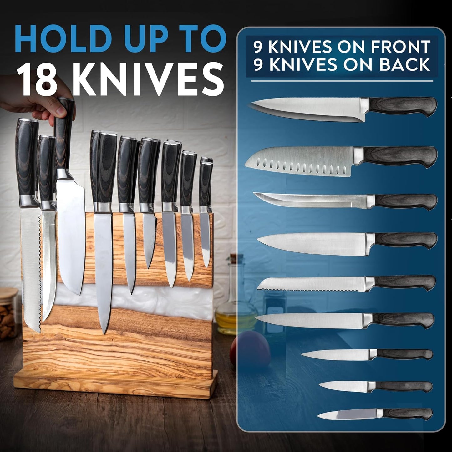 Magnetic Knife Block Stand - Italian Olive Wood Kitchen Knife Holder Rack with Black Resin Flow Design - Double Sided Strong Magnet Knife Block - Universal Knife Organizer Holds 18 Knives