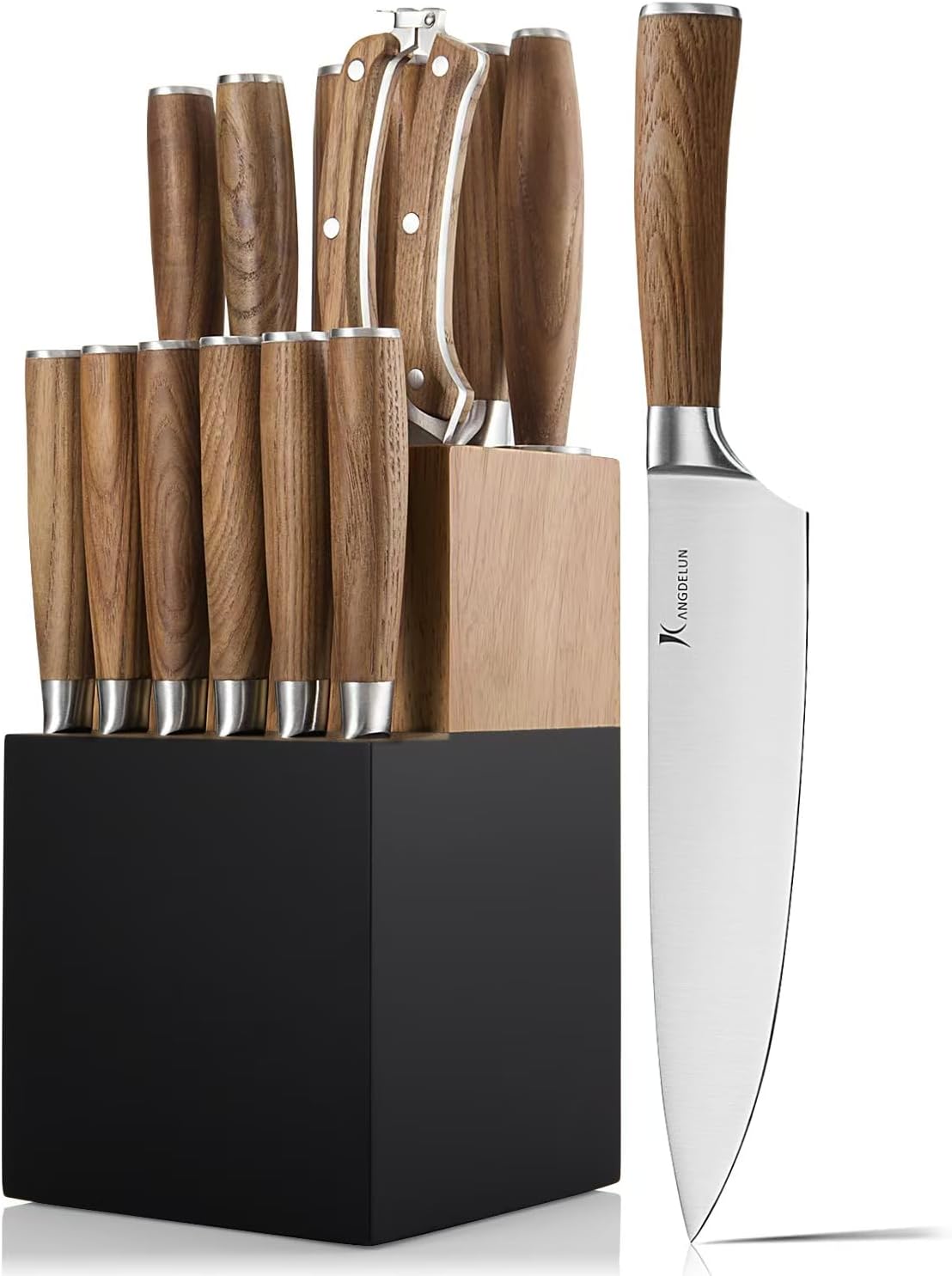 Ultra Sharp 15-Piece Kitchen Knife Set, High Carbon Stainless Steel Blades, Torrefied Brown Wood Handles, Ergonomic Design, Space-Saving Black-Finished Wood Block, Easy Hand Wash, Gift Box