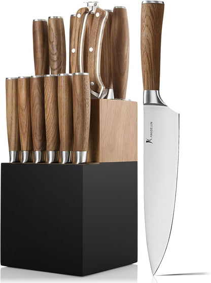Ultra Sharp 15-Piece Kitchen Knife Set, High Carbon Stainless Steel Blades, Torrefied Brown Wood Handles, Ergonomic Design, Space-Saving Black-Finished Wood Block, Easy Hand Wash, Gift Box