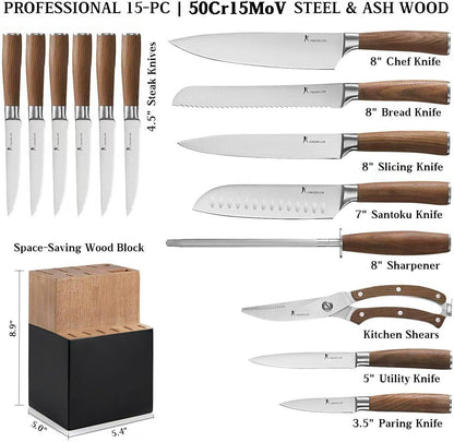 Ultra Sharp 15-Piece Kitchen Knife Set, High Carbon Stainless Steel Blades, Torrefied Brown Wood Handles, Ergonomic Design, Space-Saving Black-Finished Wood Block, Easy Hand Wash, Gift Box