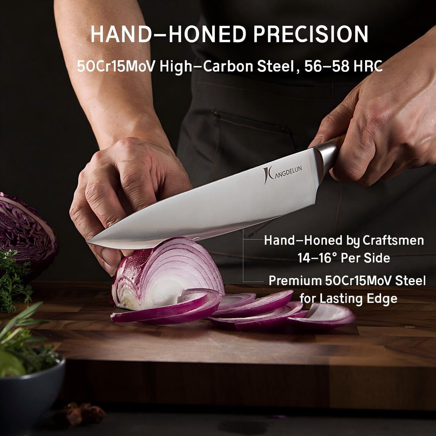 Ultra Sharp 15-Piece Kitchen Knife Set, High Carbon Stainless Steel Blades, Torrefied Brown Wood Handles, Ergonomic Design, Space-Saving Black-Finished Wood Block, Easy Hand Wash, Gift Box