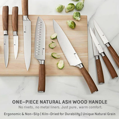 Ultra Sharp 15-Piece Kitchen Knife Set, High Carbon Stainless Steel Blades, Torrefied Brown Wood Handles, Ergonomic Design, Space-Saving Black-Finished Wood Block, Easy Hand Wash, Gift Box