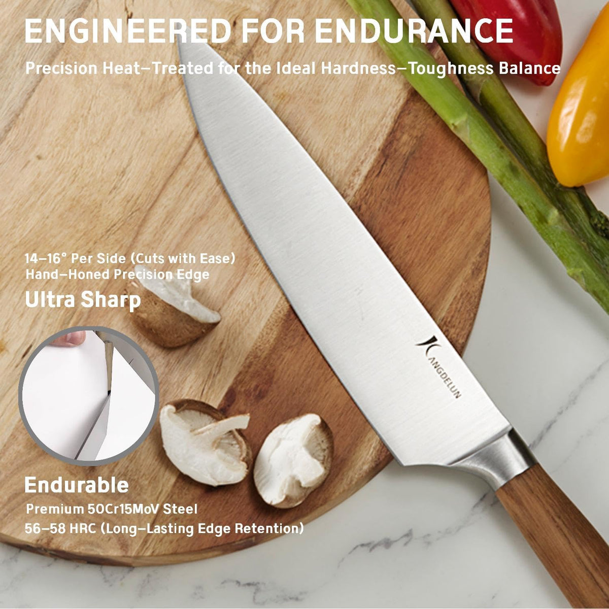 Ultra Sharp 15-Piece Kitchen Knife Set, High Carbon Stainless Steel Blades, Torrefied Brown Wood Handles, Ergonomic Design, Space-Saving Black-Finished Wood Block, Easy Hand Wash, Gift Box