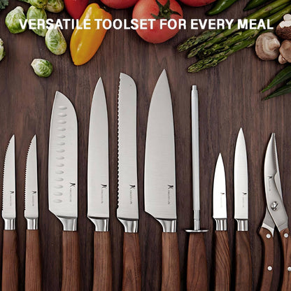 Ultra Sharp 15-Piece Kitchen Knife Set, High Carbon Stainless Steel Blades, Torrefied Brown Wood Handles, Ergonomic Design, Space-Saving Black-Finished Wood Block, Easy Hand Wash, Gift Box