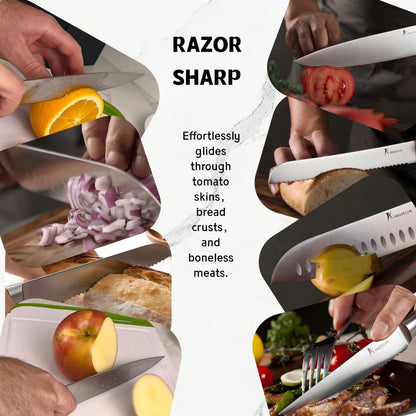 Ultra Sharp 15-Piece Kitchen Knife Set, High Carbon Stainless Steel Blades, Torrefied Brown Wood Handles, Ergonomic Design, Space-Saving Black-Finished Wood Block, Easy Hand Wash, Gift Box