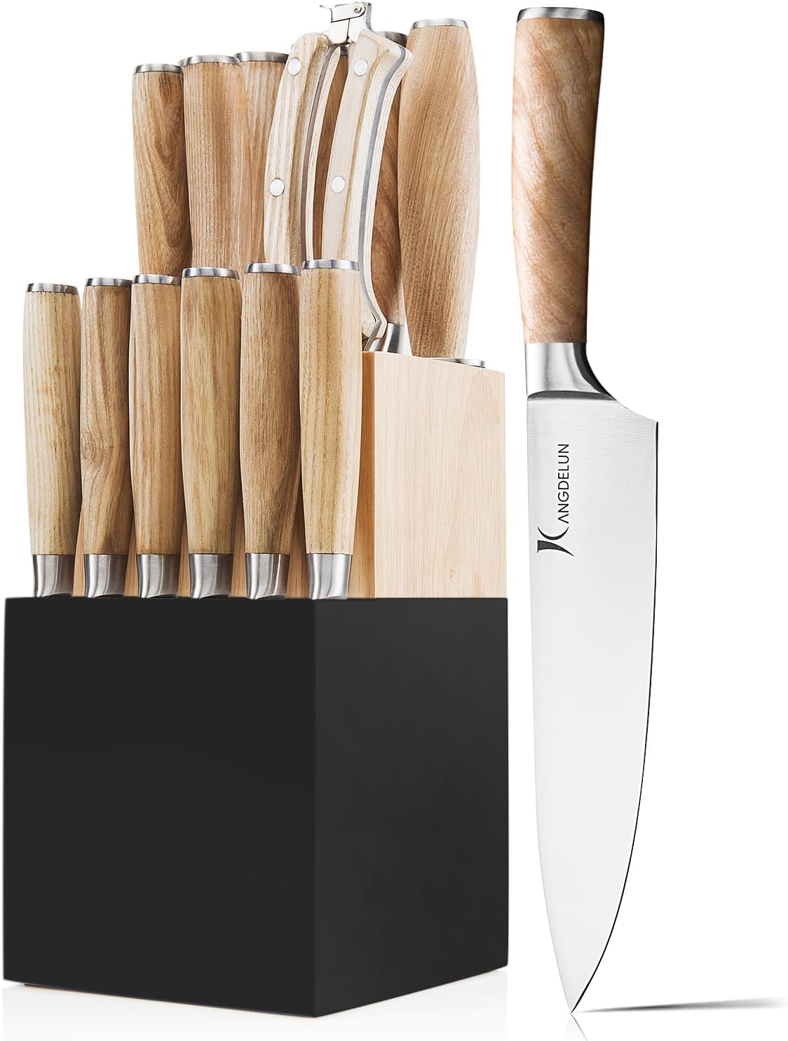 Ultra Sharp 15-Piece Kitchen Knife Set, High Carbon Stainless Steel Blades, Torrefied Brown Wood Handles, Ergonomic Design, Space-Saving Black-Finished Wood Block, Easy Hand Wash, Gift Box