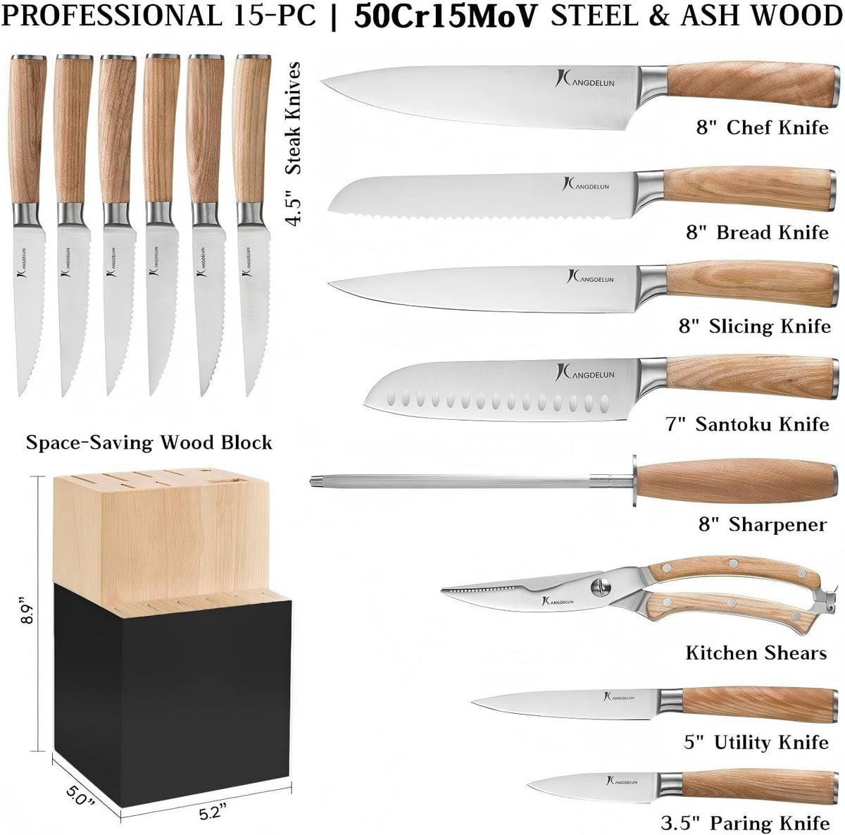 Ultra Sharp 15-Piece Kitchen Knife Set, High Carbon Stainless Steel Blades, Torrefied Brown Wood Handles, Ergonomic Design, Space-Saving Black-Finished Wood Block, Easy Hand Wash, Gift Box