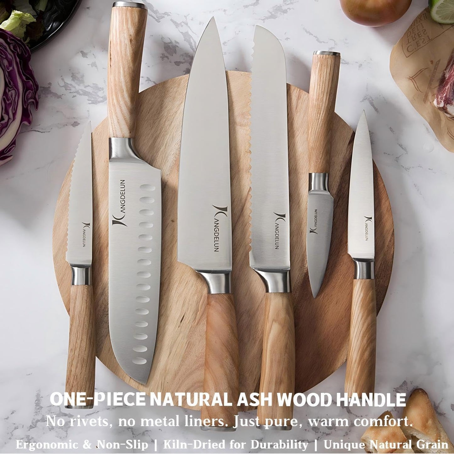 Ultra Sharp 15-Piece Kitchen Knife Set, High Carbon Stainless Steel Blades, Torrefied Brown Wood Handles, Ergonomic Design, Space-Saving Black-Finished Wood Block, Easy Hand Wash, Gift Box