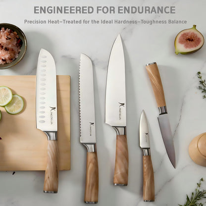Ultra Sharp 15-Piece Kitchen Knife Set, High Carbon Stainless Steel Blades, Torrefied Brown Wood Handles, Ergonomic Design, Space-Saving Black-Finished Wood Block, Easy Hand Wash, Gift Box