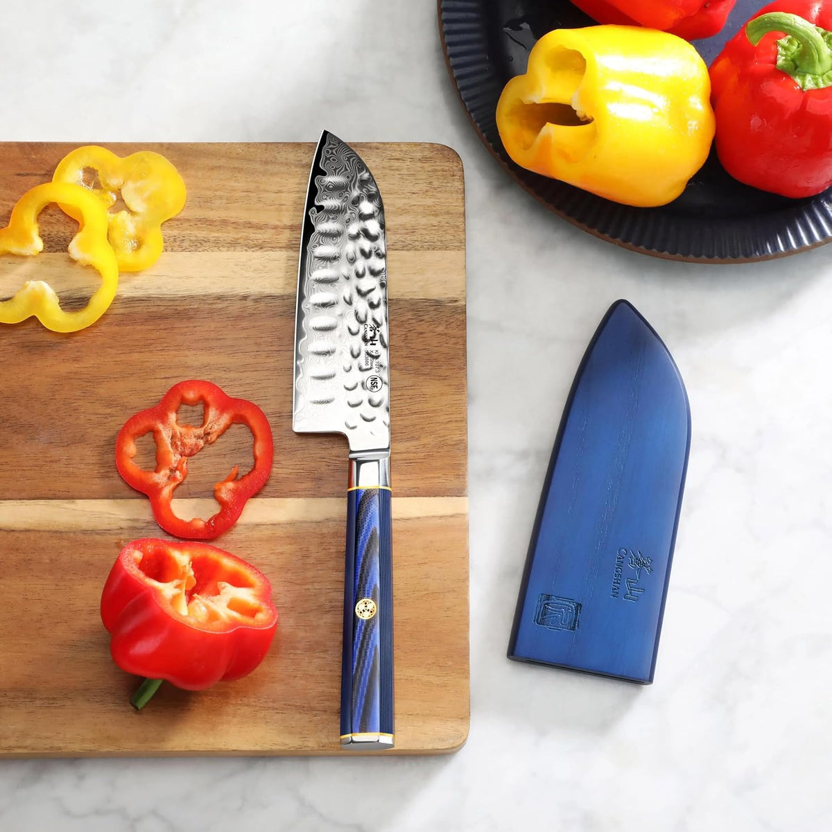 Cangshan KITA Series 5-Inch Santoku Knife with Sheath, High Carbon X-7 Damascus Steel, 503886