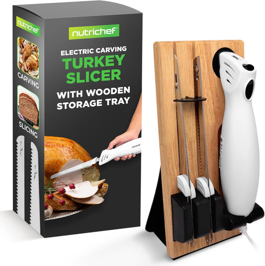 NutriChef Electric Carving Turkey Slicer Kitchen Knife | For Thanksgiving | Portable Electrical Food Cutter Knife Set with Carve Blades & Wood Stand | Cuts Meat, Bread, Cheese & Fruit | White
