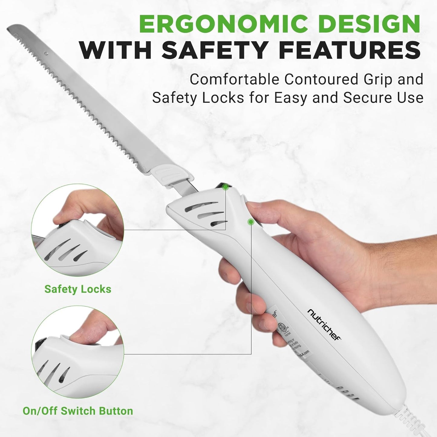 NutriChef Electric Carving Turkey Slicer Kitchen Knife | For Thanksgiving | Portable Electrical Food Cutter Knife Set with Carve Blades & Wood Stand | Cuts Meat, Bread, Cheese & Fruit | White