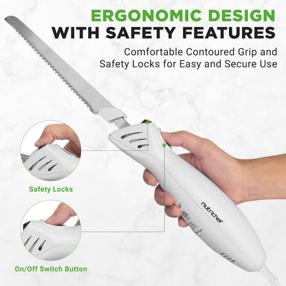 NutriChef Electric Carving Turkey Slicer Kitchen Knife | For Thanksgiving | Portable Electrical Food Cutter Knife Set with Carve Blades & Wood Stand | Cuts Meat, Bread, Cheese & Fruit | White