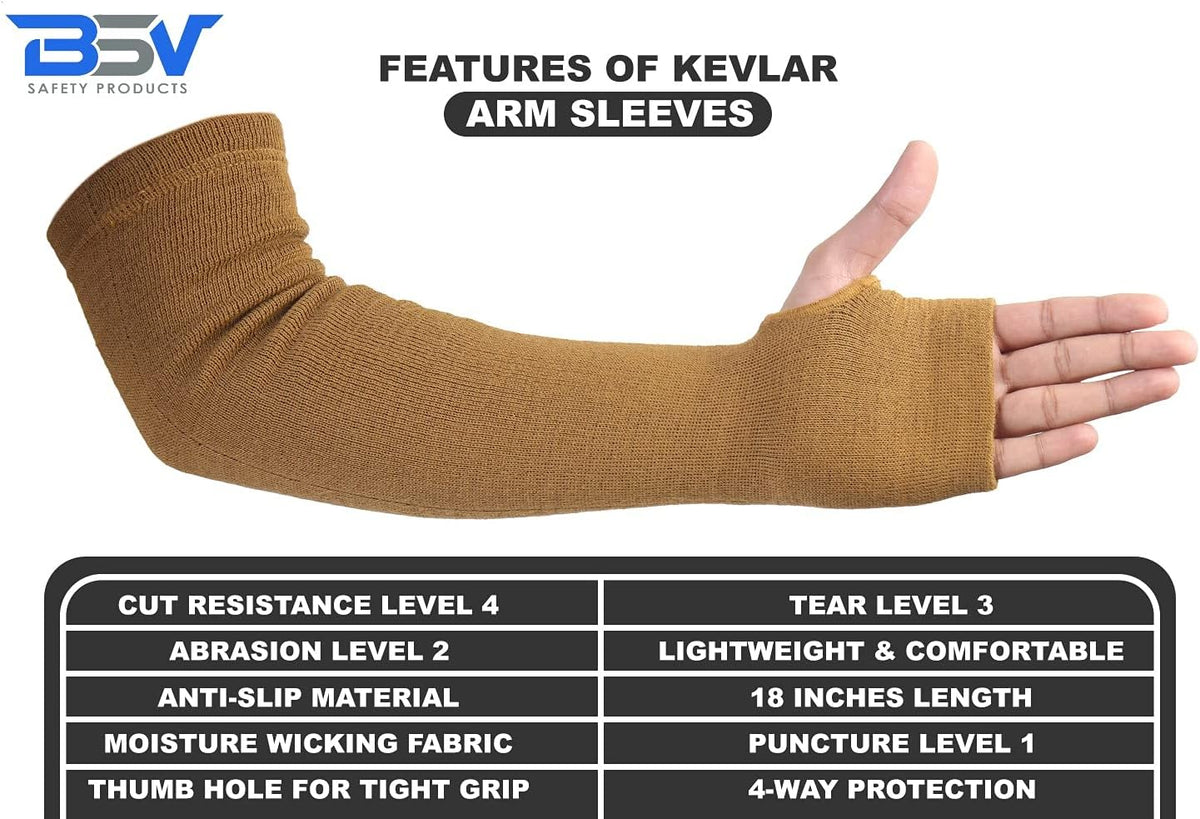 BSV Kevlar Arm Protection Sleeves with Thumb Hole - Cut, Scratch, Bite and Heat-Resistant - Unisex, 18", 1 Pair