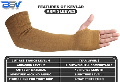BSV Kevlar Arm Protection Sleeves with Thumb Hole - Cut, Scratch, Bite and Heat-Resistant - Unisex, 18", 1 Pair