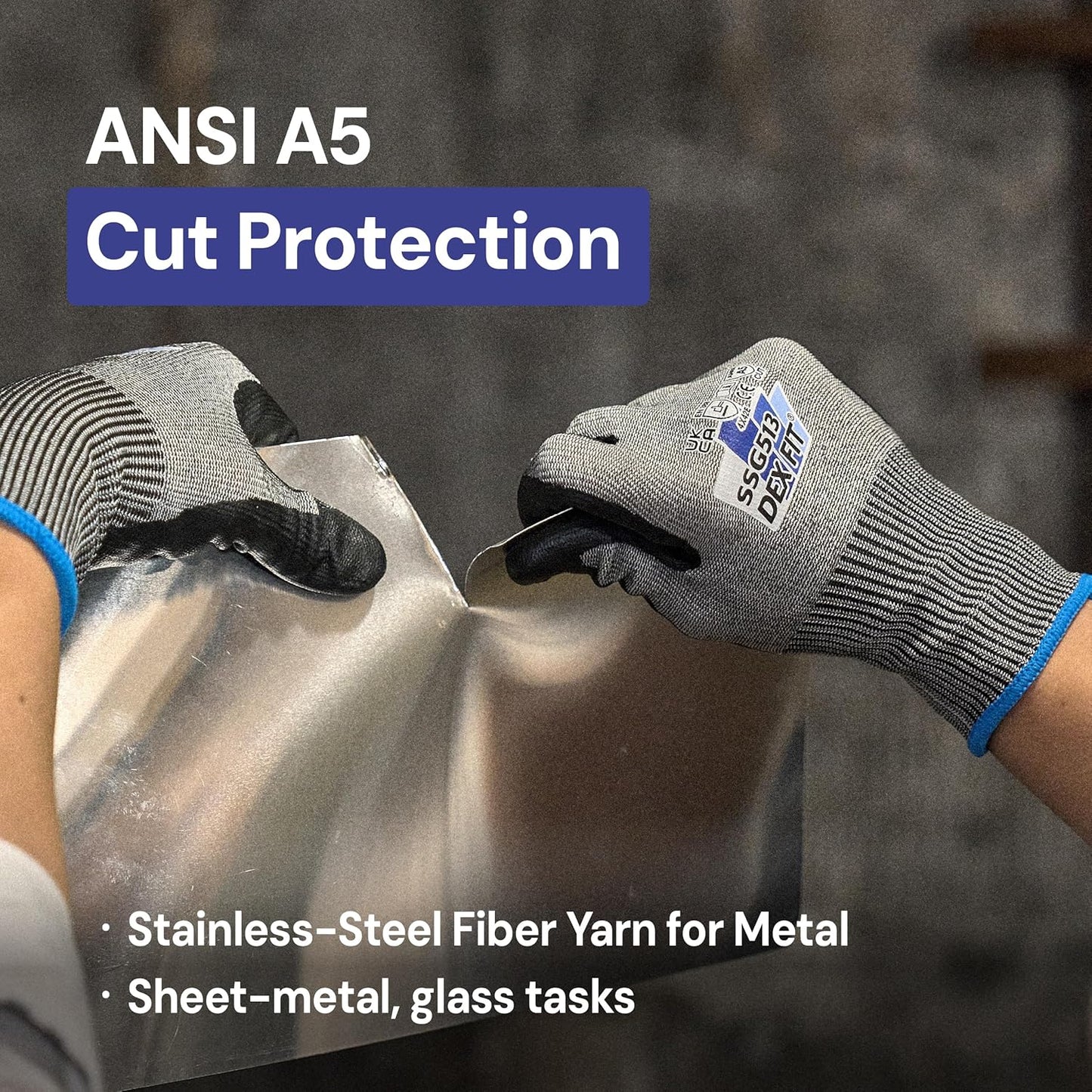 SSG513 Impact Stainless Steel Cut Resistant Gloves, ANSI A5, Durable Non-Slip Nitrile Grip, Touchscreen, Comfort Stretchy Fit, Thin & Breathable, Machine Washable; Gray L (9), 1 Pair