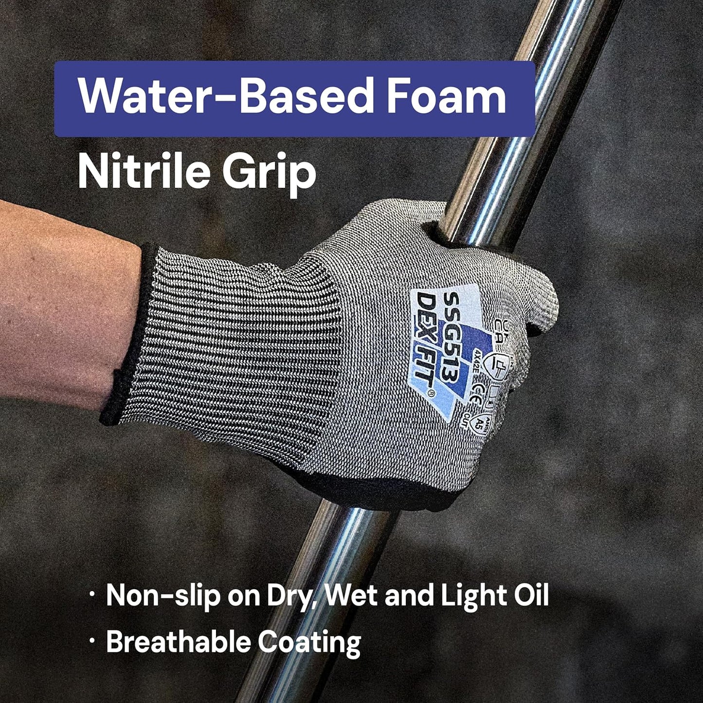 SSG513 Impact Stainless Steel Cut Resistant Gloves, ANSI A5, Durable Non-Slip Nitrile Grip, Touchscreen, Comfort Stretchy Fit, Thin & Breathable, Machine Washable; Gray L (9), 1 Pair