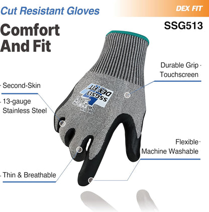SSG513 Impact Stainless Steel Cut Resistant Gloves, ANSI A5, Durable Non-Slip Nitrile Grip, Touchscreen, Comfort Stretchy Fit, Thin & Breathable, Machine Washable; Gray L (9), 1 Pair