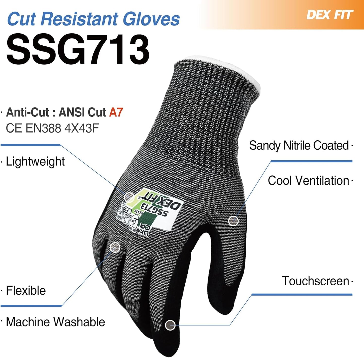 SSG513 Impact Stainless Steel Cut Resistant Gloves, ANSI A5, Durable Non-Slip Nitrile Grip, Touchscreen, Comfort Stretchy Fit, Thin & Breathable, Machine Washable; Gray L (9), 1 Pair