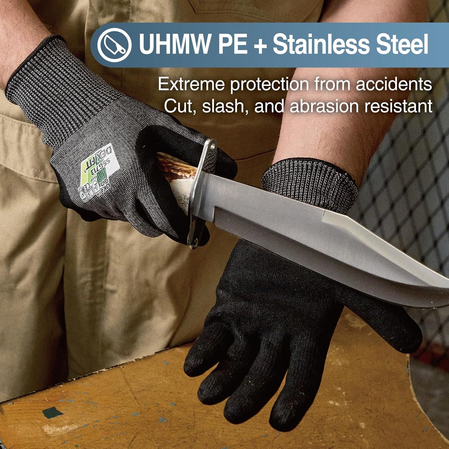 SSG513 Impact Stainless Steel Cut Resistant Gloves, ANSI A5, Durable Non-Slip Nitrile Grip, Touchscreen, Comfort Stretchy Fit, Thin & Breathable, Machine Washable; Gray L (9), 1 Pair