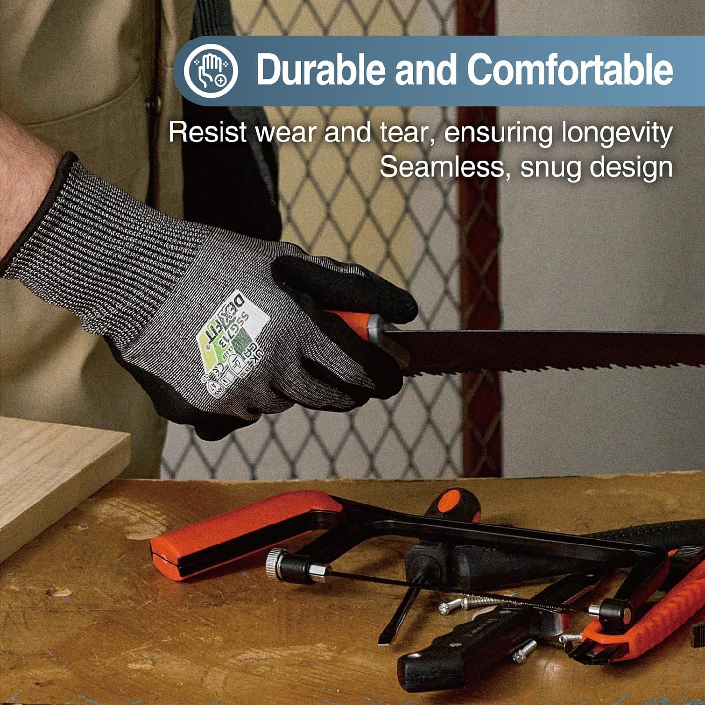 SSG513 Impact Stainless Steel Cut Resistant Gloves, ANSI A5, Durable Non-Slip Nitrile Grip, Touchscreen, Comfort Stretchy Fit, Thin & Breathable, Machine Washable; Gray L (9), 1 Pair