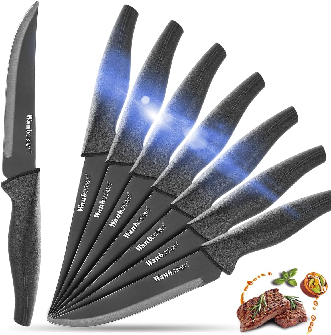 Black Non Serrated Steak Knives Set, Steak Knife Set Dishwasher Safe, Sharp Steak Knives Set for Kitchen with Ergonomic Handles