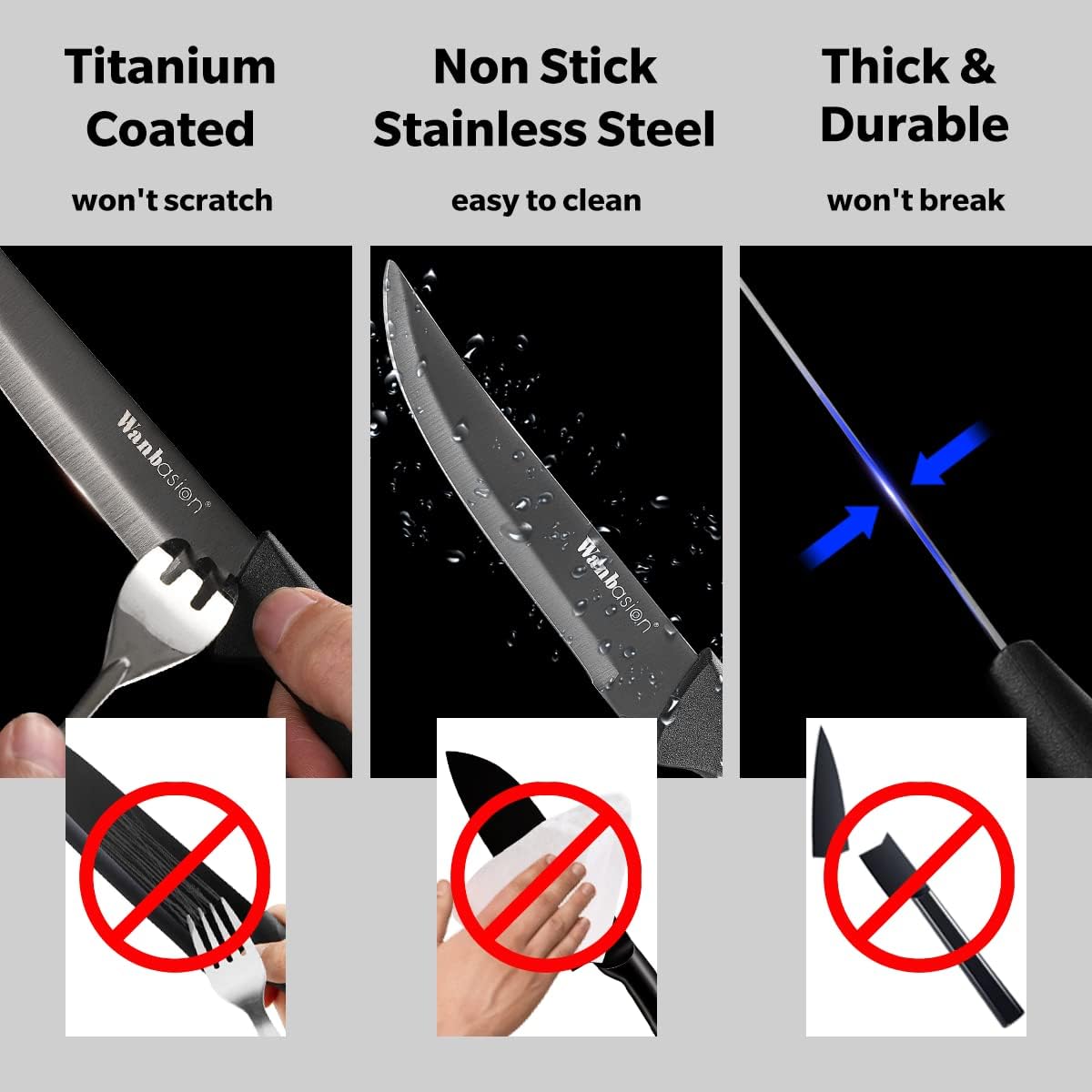Black Non Serrated Steak Knives Set, Steak Knife Set Dishwasher Safe, Sharp Steak Knives Set for Kitchen with Ergonomic Handles