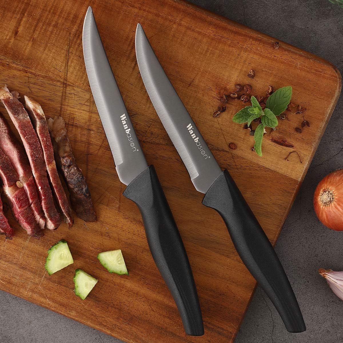 Black Non Serrated Steak Knives Set, Steak Knife Set Dishwasher Safe, Sharp Steak Knives Set for Kitchen with Ergonomic Handles
