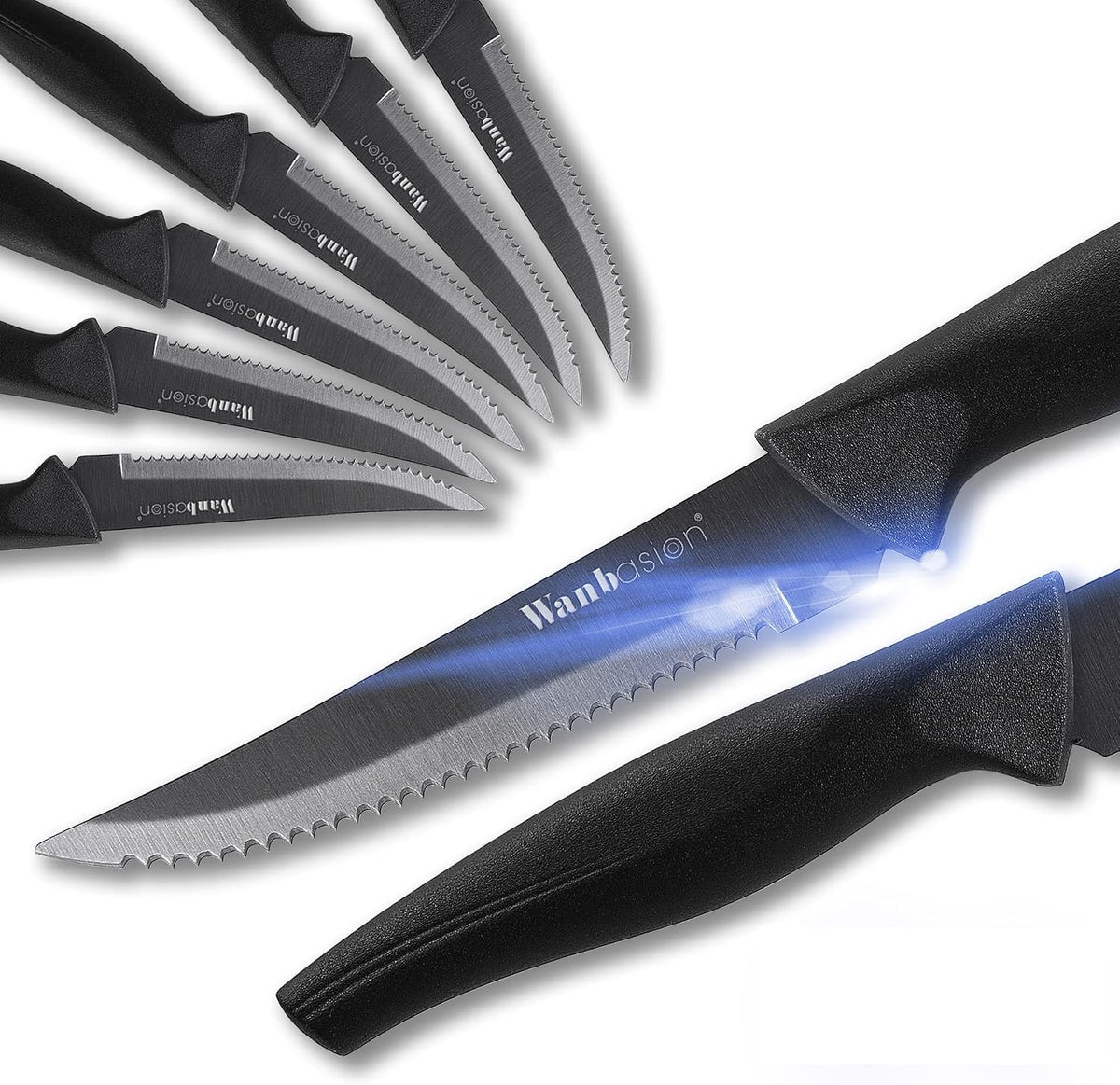 Black Non Serrated Steak Knives Set, Steak Knife Set Dishwasher Safe, Sharp Steak Knives Set for Kitchen with Ergonomic Handles