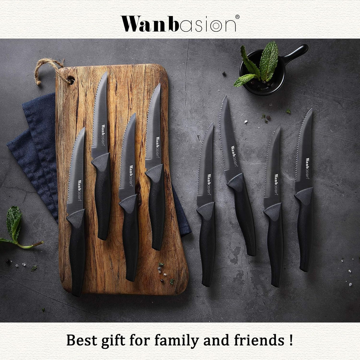 Black Non Serrated Steak Knives Set, Steak Knife Set Dishwasher Safe, Sharp Steak Knives Set for Kitchen with Ergonomic Handles
