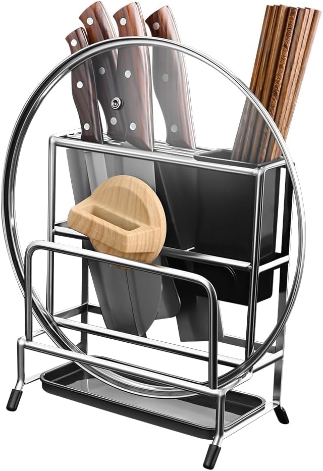 Multifunctional Cutting Board Organizer, Pot Lid Organizer, 18/8 Stainless Steel Kitchen Storage Rack for Lids, Boards, Knife, Spoon and Shovel, Knife Block Holder with Drain Tray