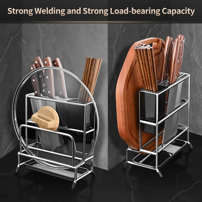 Multifunctional Cutting Board Organizer, Pot Lid Organizer, 18/8 Stainless Steel Kitchen Storage Rack for Lids, Boards, Knife, Spoon and Shovel, Knife Block Holder with Drain Tray