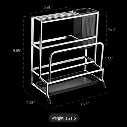 Multifunctional Cutting Board Organizer, Pot Lid Organizer, 18/8 Stainless Steel Kitchen Storage Rack for Lids, Boards, Knife, Spoon and Shovel, Knife Block Holder with Drain Tray