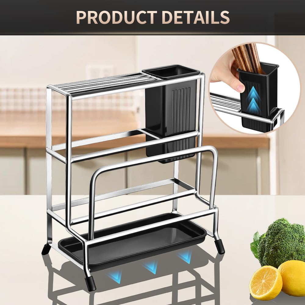 Multifunctional Cutting Board Organizer, Pot Lid Organizer, 18/8 Stainless Steel Kitchen Storage Rack for Lids, Boards, Knife, Spoon and Shovel, Knife Block Holder with Drain Tray