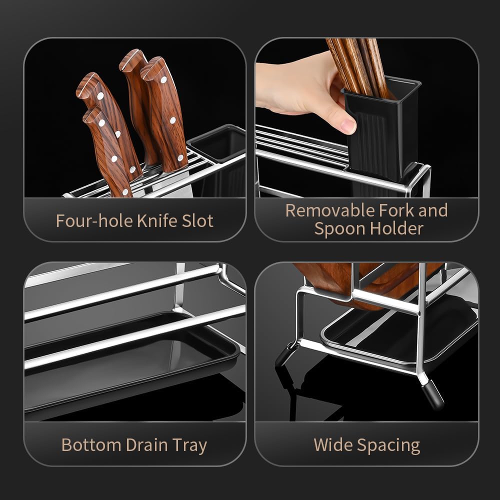Multifunctional Cutting Board Organizer, Pot Lid Organizer, 18/8 Stainless Steel Kitchen Storage Rack for Lids, Boards, Knife, Spoon and Shovel, Knife Block Holder with Drain Tray