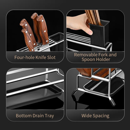 Multifunctional Cutting Board Organizer, Pot Lid Organizer, 18/8 Stainless Steel Kitchen Storage Rack for Lids, Boards, Knife, Spoon and Shovel, Knife Block Holder with Drain Tray