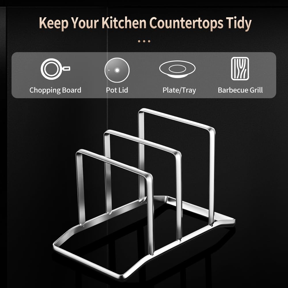 Multifunctional Cutting Board Organizer, Pot Lid Organizer, 18/8 Stainless Steel Kitchen Storage Rack for Lids, Boards, Knife, Spoon and Shovel, Knife Block Holder with Drain Tray
