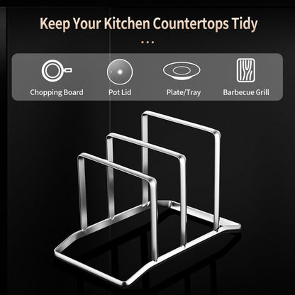 Multifunctional Cutting Board Organizer, Pot Lid Organizer, 18/8 Stainless Steel Kitchen Storage Rack for Lids, Boards, Knife, Spoon and Shovel, Knife Block Holder with Drain Tray