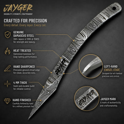 Handmade Kiridashi Knife – Precision Japanese Left Hand Marking Tool – Damascus Steel Curved Blade – Compact Carving & Craft Knife for Woodworking, Leatherwork, DIY & Artisan Use