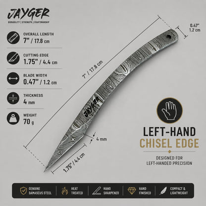 Handmade Kiridashi Knife – Precision Japanese Left Hand Marking Tool – Damascus Steel Curved Blade – Compact Carving & Craft Knife for Woodworking, Leatherwork, DIY & Artisan Use