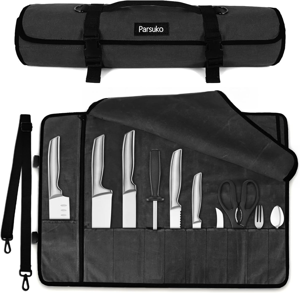 Chef Knife Roll Bag,Waterproof Waxed Canvas Knife Case Holds,Knives Roll Bags for Chefs Professional with Adjustable Strap,Chef Backpack (Black)